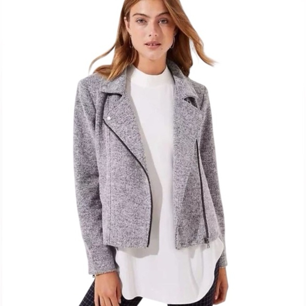 LOFT Petite Gray Marled Sweater Knit Moto Jacket Asymmetrical Zip Size MP